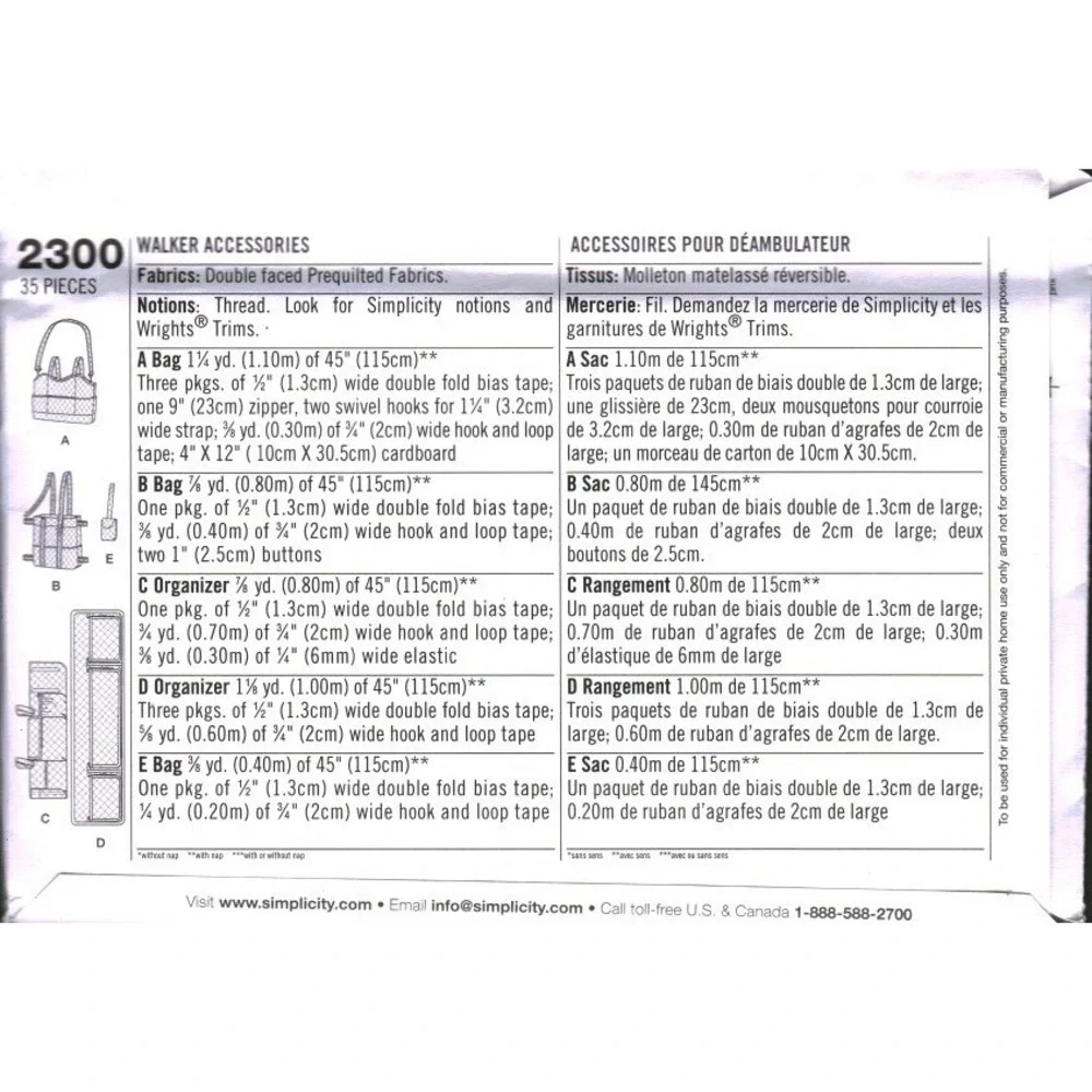 Simplicity 2300 Walker Accessories Sewing Pattern Bags Organizers One Size UNCUT